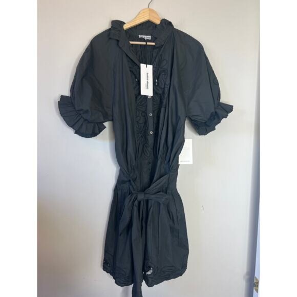 NWT Juliet Dunn Women's Poplin Blouson Embroidery Mini Dress Black Size: Medium - Picture 2 of 8